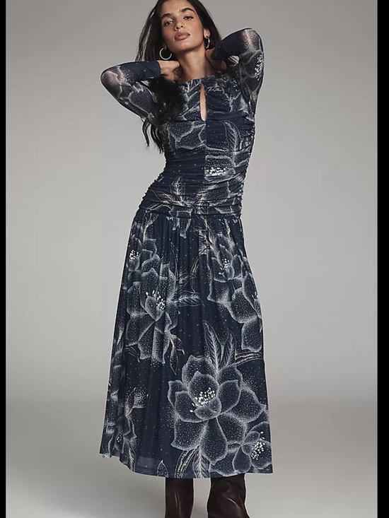 FARM Rio Dresses & Skirts - Farm Rio x Anthropologie Navy and White Floral Long-Sleeve Maxi Dress